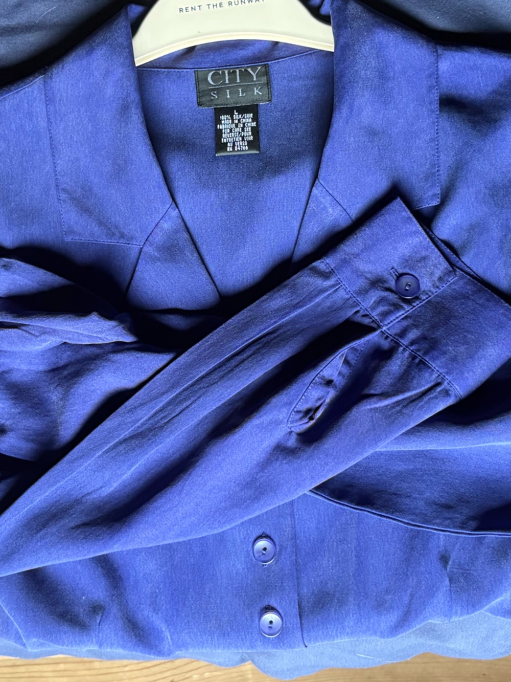 City Silk Blue Button-Down Shirt- Size Large - Picture 8 of 9